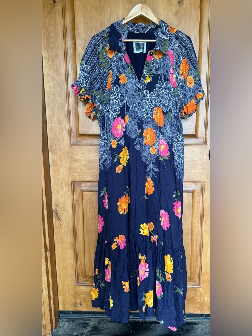 Anthropologie Navy Dress with Bright Pink & Orange Floral Print